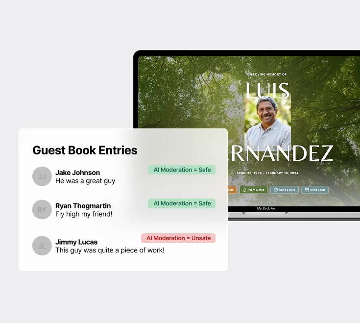 Tukios AI Guestbook Moderation marking respectful messages safe and flagging an unsafe one