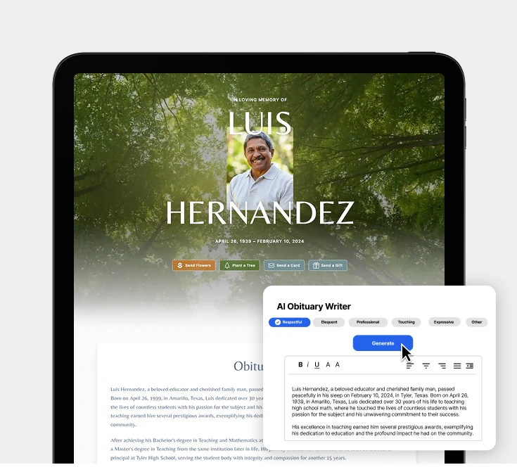 Tukios AI Obituary Writer drafting a respectful obituary for Luis Hernandez from intake details