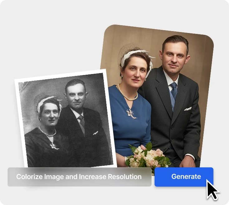 Tukios AI Photo Engine before and after colorizing and restoring an old family portrait