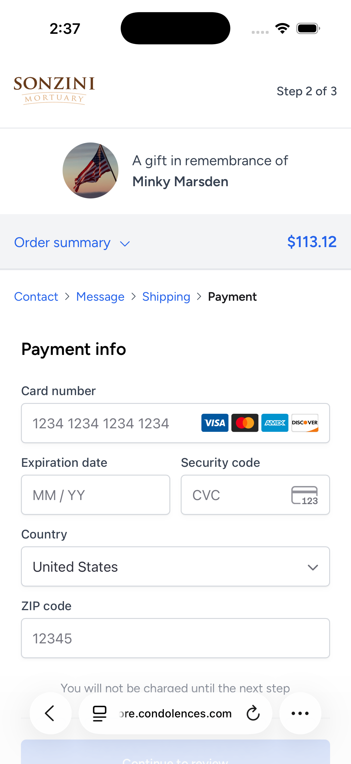 Mobile checkout — paying for a sympathy gift order on a Tukios storefront