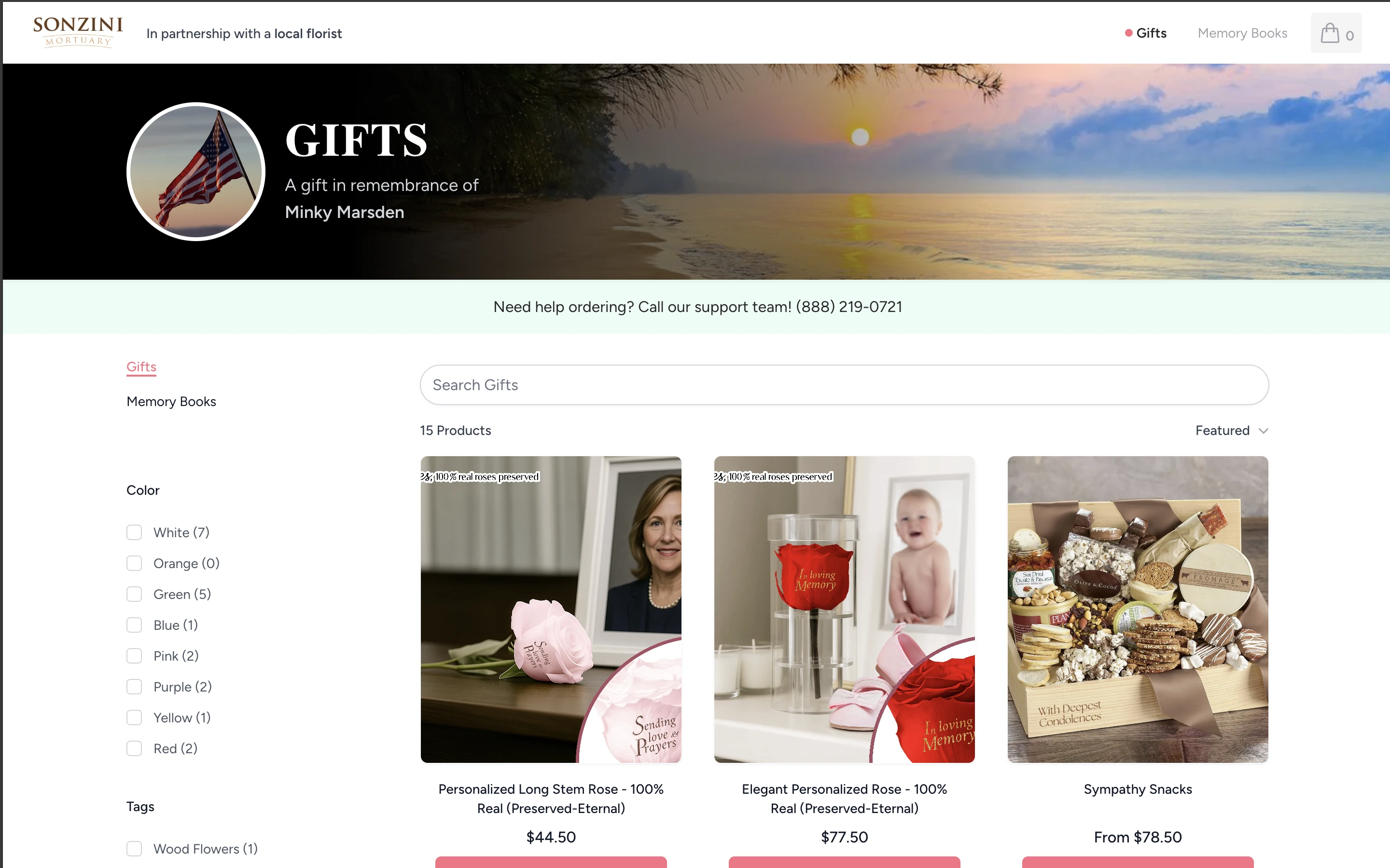 Tukios sympathy storefront on a funeral home website — preserved roses, personalized gifts, and sympathy snacks