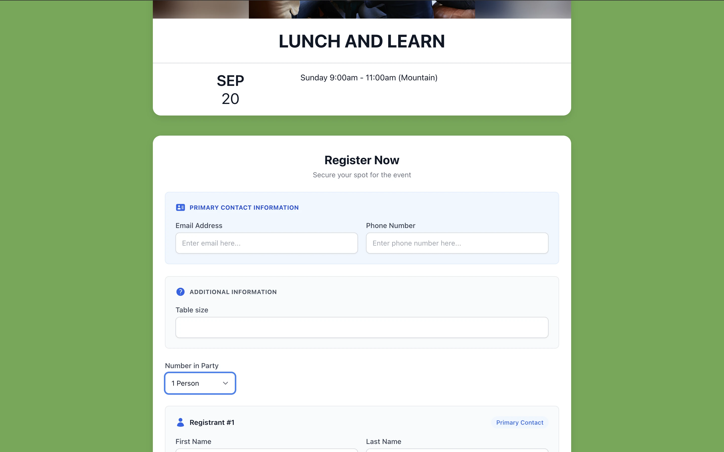 Tukios Event Manager registration page for a Lunch and Learn event — contact info, party size, and registrant details