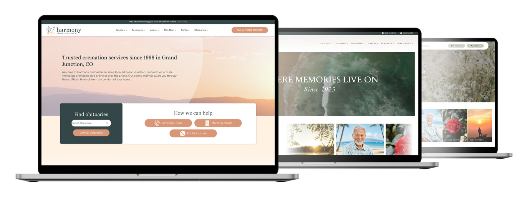 Funeral home websites built on Tukios, shown on three laptops